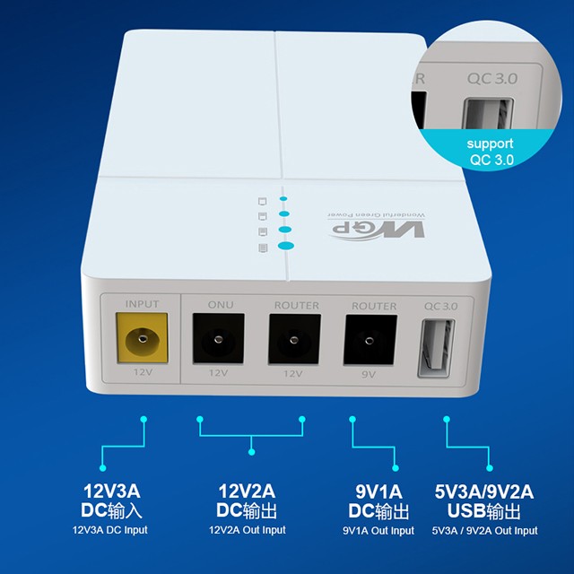 Dual DC 12V 2A DC 9V 1A USB 5V 3A outputs Mini UPS backup power supply for wifi router and onu, supports QC3.0 fast charging, ensuring uninterrupted network power outages