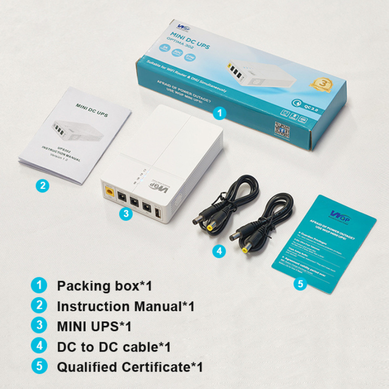 Dual DC 12V 2A DC 9V 1A USB 5V 3A outputs Mini UPS backup power supply for wifi router and onu, supports QC3.0 fast charging, ensuring uninterrupted network power outages